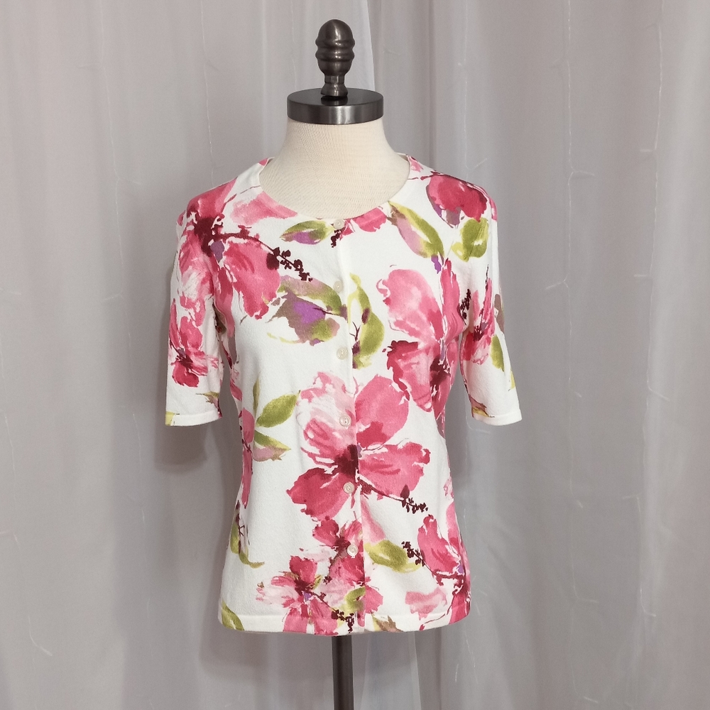 Jones New York - Short Sleeve Floral Button Down Sweater